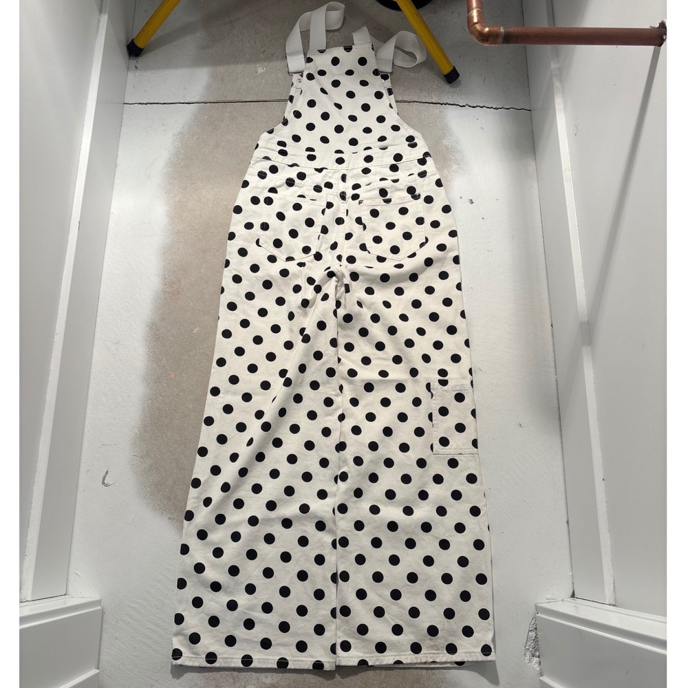 Cider Polka Dot Denim Overalls White Black Wide Leg Bib XXS - Picture 3 of 7